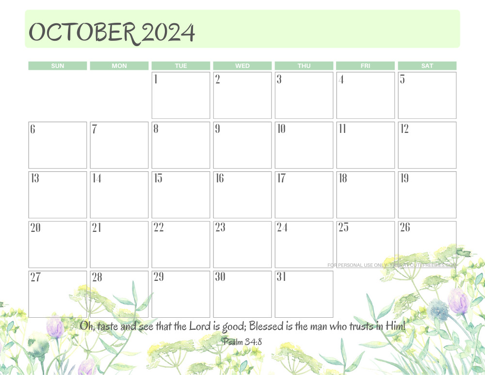 October 2024 printable calendar with Bible verse - monthly planner PDF - SEE PREVIOUS POST TO DOWNLOAD THE COMPLETE 2024 CALENDAR #cutefreebiesforyou #freeprintable