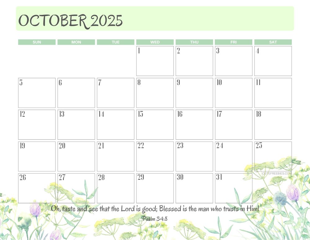 October 2025 printable calendar with Bible verse - monthly planner PDF - SEE PREVIOUS POST TO DOWNLOAD THE COMPLETE 2025 CALENDAR #cutefreebiesforyou #freeprintable #Bibleverse