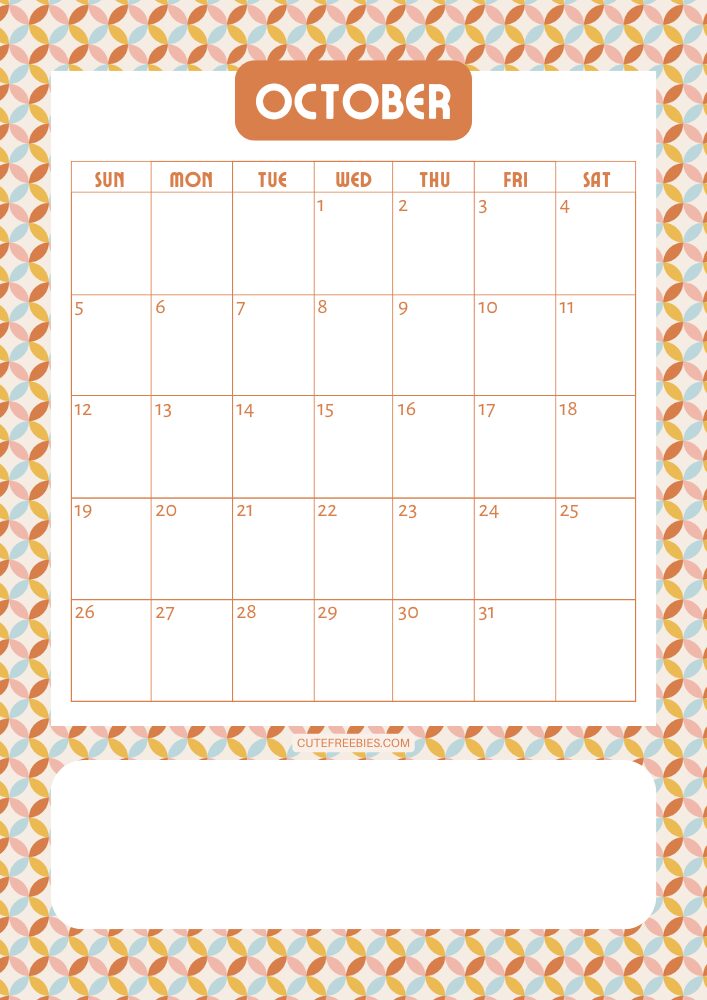October 2025 colorful retro calendar free printable cutefreebiesforyou - SEE PREVIOUS POST TO DOWNLOAD THE COMPLETE 2025 CALENDAR