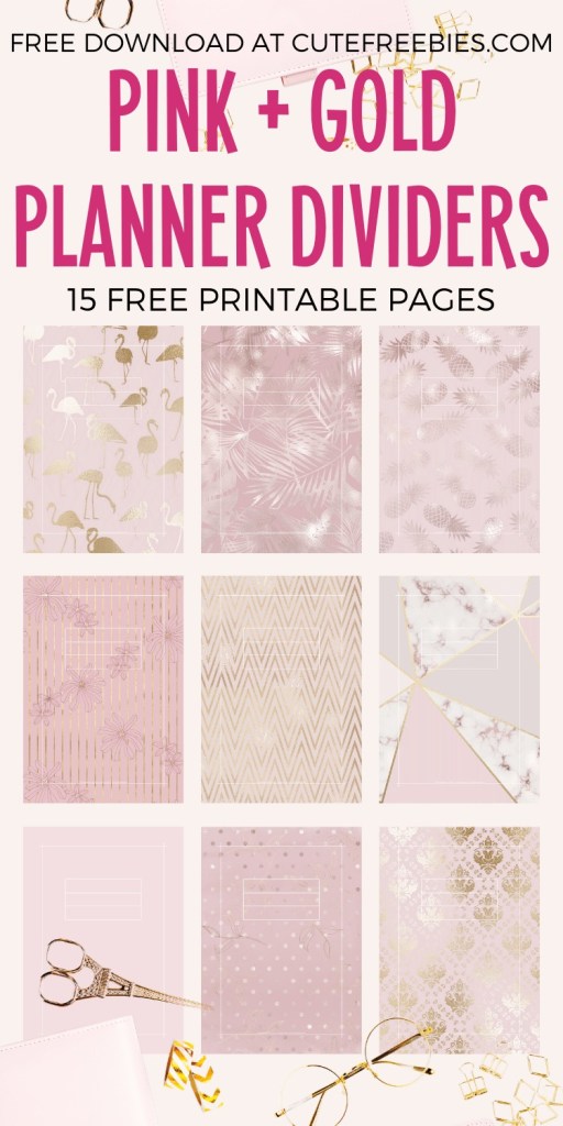 Free Printable Pink And Gold Planner Printable Divider Templates - 12 binder covers, blush pink or rose gold planner printables #freeprintable #cutefreebiesforyou #pink #rosegold #blush #planneraddict #diyplanner