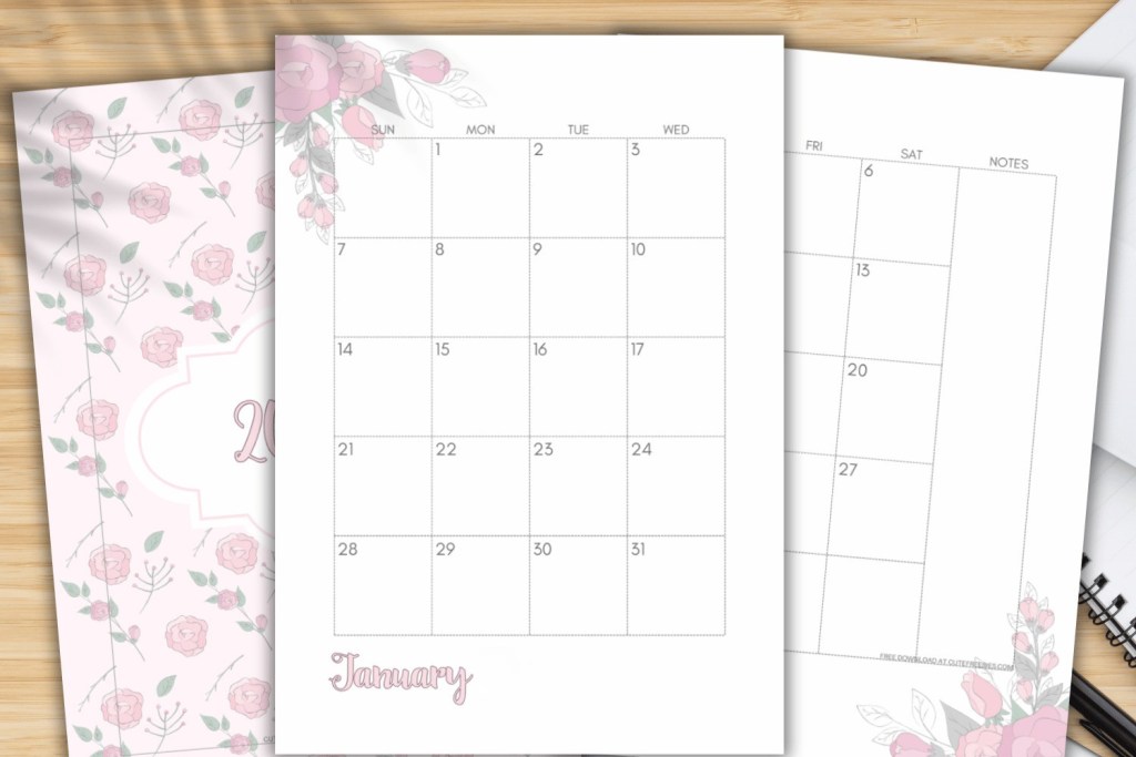 Pink Free Printable Monthly Calendar two page spread, calendar in two pages.