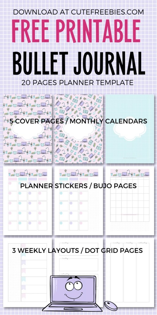 Free Printable Bullet Journal Planner Template - bullet journal printable template, printable laptop planner stickers, monthly planner, free PDF download #cutefreebiesforyou #freeprintable #plannerstickers #planneraddict