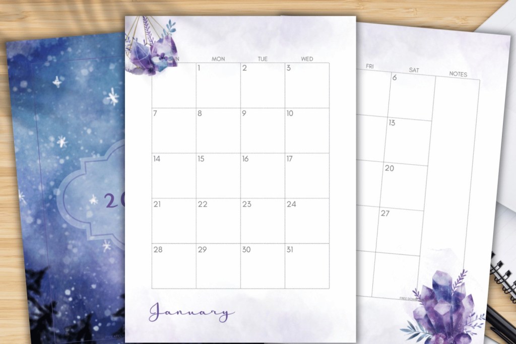 Purple Free Printable Monthly Calendar two page spread, calendar in two pages.