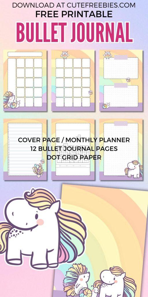 Free printable bullet journal PDF template with rainbow theme and colorful animals