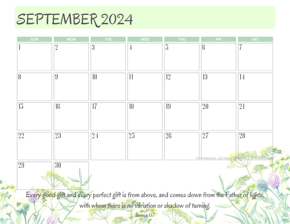 September 2024 printable calendar with Bible verse - monthly planner PDF - SEE PREVIOUS POST TO DOWNLOAD THE COMPLETE 2024 CALENDAR #cutefreebiesforyou #freeprintable
