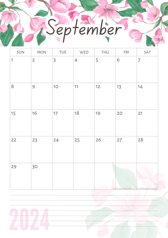 September 2024 free printable calendar with pink cherry blossoms #cutefreebiesforyou - SEE PREVIOUS POST TO DOWNLOAD THE COMPLETE 2024 CALENDAR