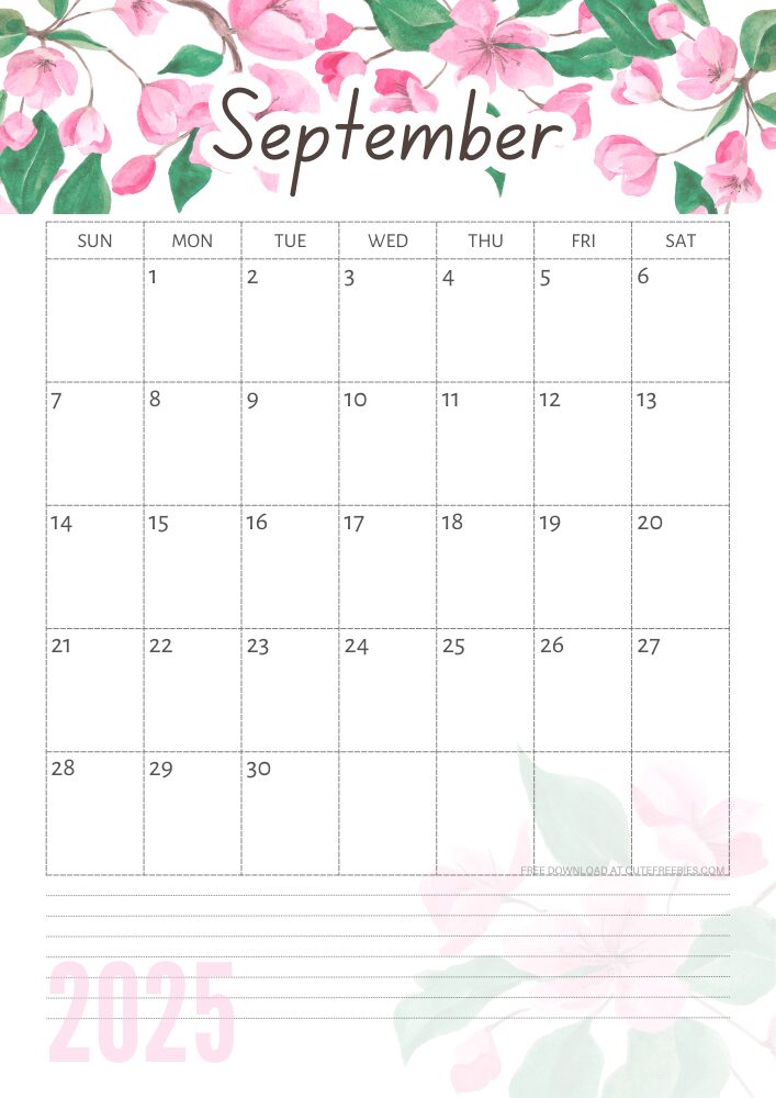 September 2025 free printable calendar with pink cherry blossoms #cutefreebiesforyou - SEE PREVIOUS POST TO DOWNLOAD THE COMPLETE 2025 CALENDAR