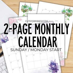 Free Printable 2024 2025 Monthly Calendar two page spread, calendar in two pages. Get your free PDF download now! #freeprintable #cutefreebiesforyou #crystals #hangingplants #diyplanner #homebinder
