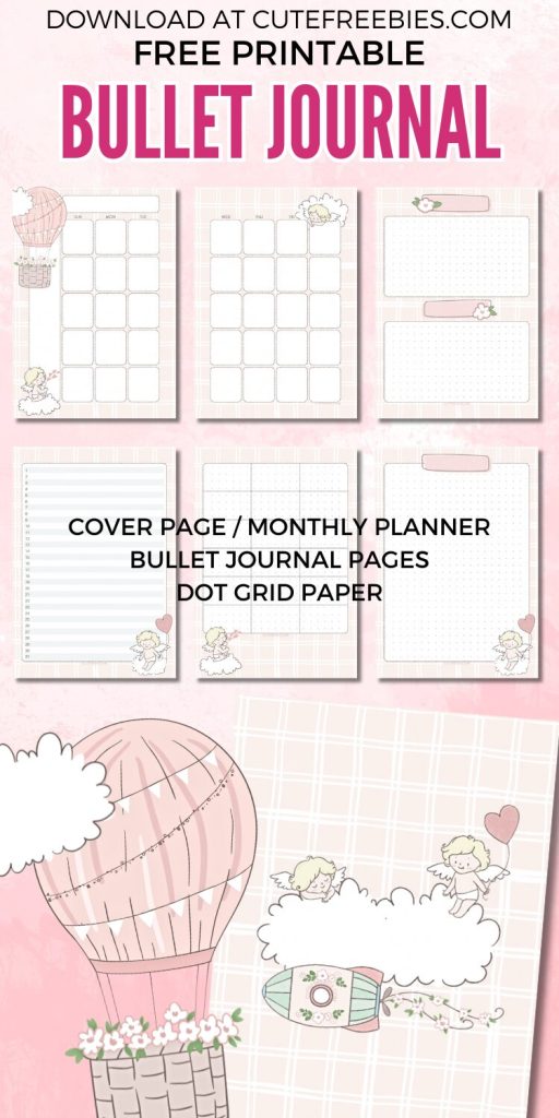 Free printable cute bullet journal template - monthly planner template PDF with cute valentine theme #cutefreebiesforyou #printableplanner #freeprintable #bulletjournal