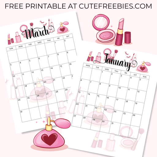 Free 2019 2020 calendar printable planner! Get your new makeup lovers calendar or bullet Journal printable and use for the whole year or as a monthly bujo theme. #freeprintable #bujomonthly #bulletjournal #bujoideas #cutefreebiesforyou #makeuplover