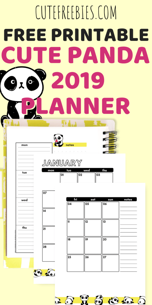 2019 Free Printable Planner Wth Cute Pandas! Black and white planner with 2019 calendar in two pages. Get you free download now! #freeprintable #printableplanner #cutefreebies
