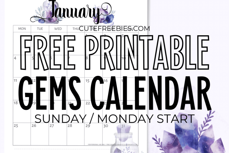 Free Printable 2025 Purple Calendar - Monthly planner printable with crystal gems.Free pdf download now! #cutefreebiesforyou #freeprintable #crystals #purple