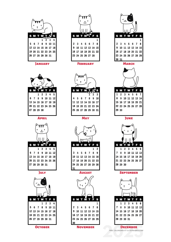 Year 2025 free printable 12 month calendar - cute cats calendar stickers - SEE PREVIOUS POST TO DOWNLOAD THE PDF #cutefreebiesforyou