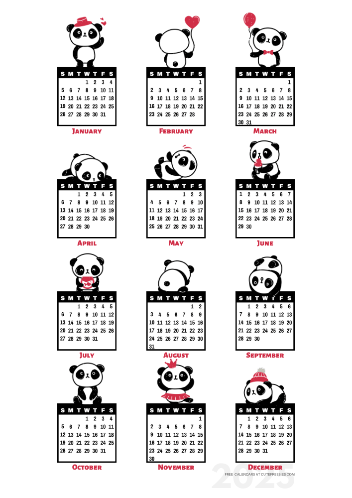 Year 2025 free printable 12 month calendar - cute panda calendar stickers - SEE PREVIOUS POST TO DOWNLOAD THE PDF #cutefreebiesforyou