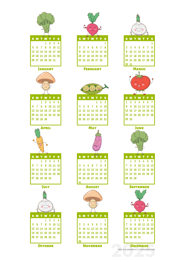 2025 free printable 12 month calendar - cute vegetables calendar stickers - SEE PREVIOUS POST TO DOWNLOAD THE PDF #cutefreebiesforyou