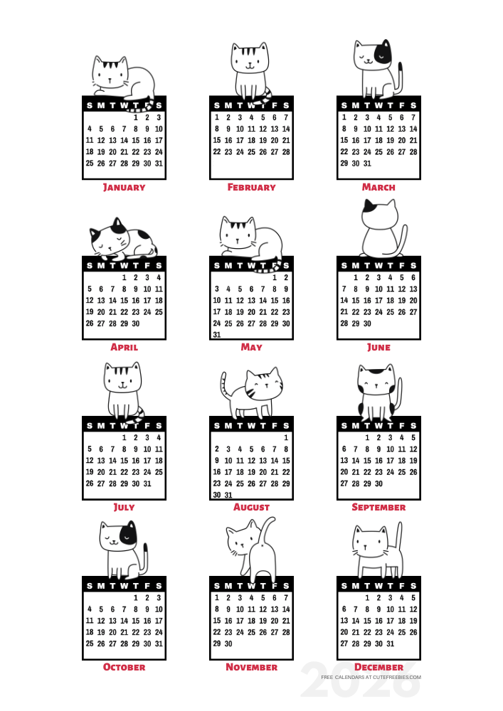 Year 2026 free printable 12 month calendar - cute cats calendar stickers - SEE PREVIOUS POST TO DOWNLOAD THE PDF #cutefreebiesforyou