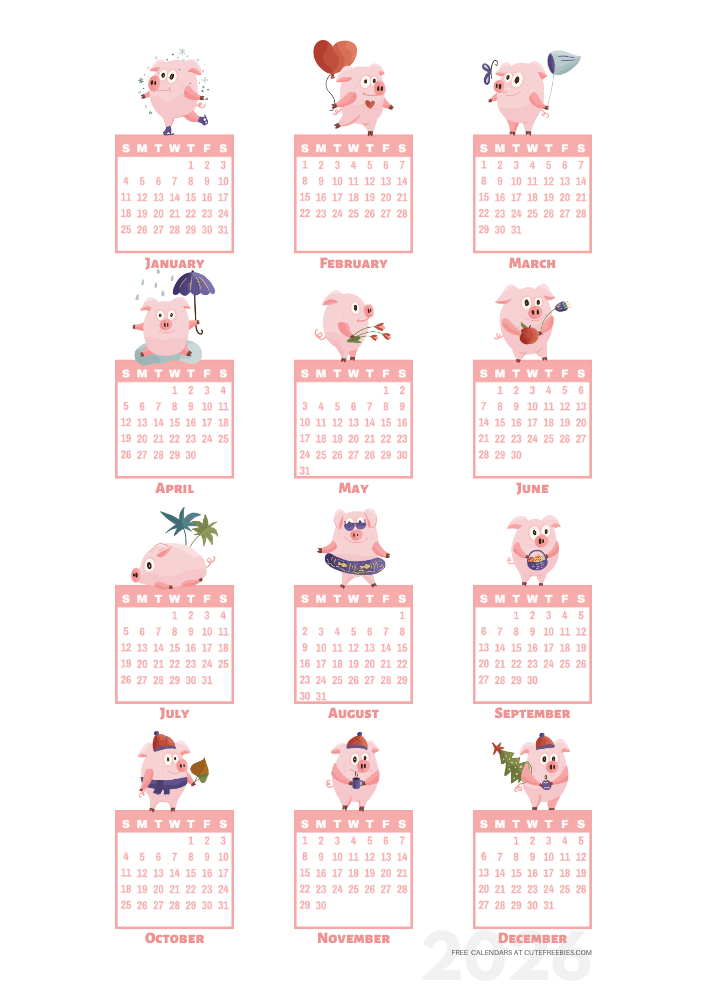 2026 free printable 12 month calendar - cute pigs calendar stickers - SEE PREVIOUS POST TO DOWNLOAD THE PDF #cutefreebiesforyou