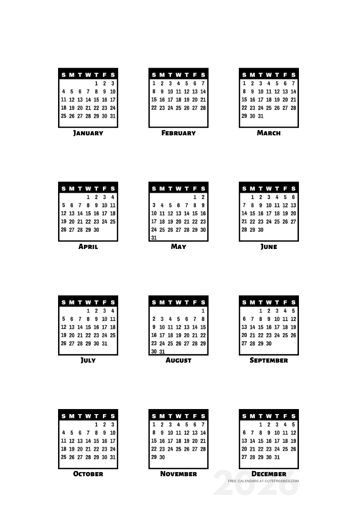 2026 free printable 12 month calendar - bullet journal calendar stickers - SEE PREVIOUS POST TO DOWNLOAD THE PDF #cutefreebiesforyou