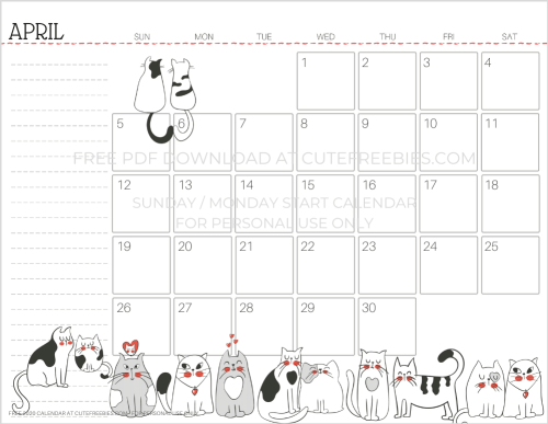 April 2020 calendar printable with cute cats