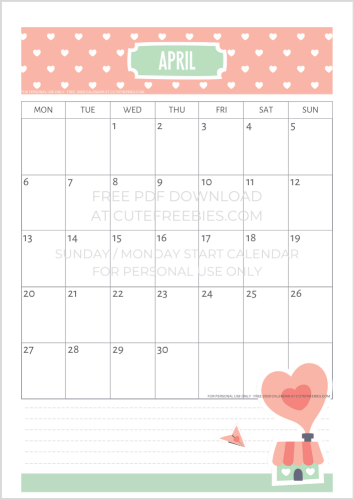 April 2020 calendar printable with hearts