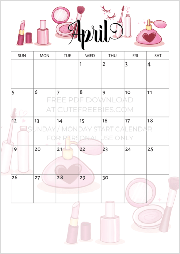 April 2020 calendar printable for makeup lovers