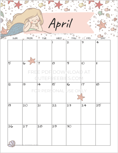 April 2020 calendar printable with mermaid