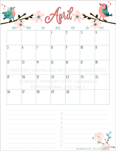 April 2020 calendar printable for spring, cherry blossoms