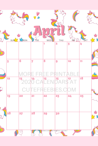 April 2020 calendar with unicorns #unicorn #freeprintable #cutefreebiesforyou