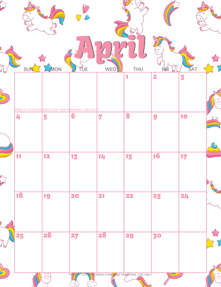 April 2021 calendar with unicorns #unicorn #freeprintable #cutefreebiesforyou