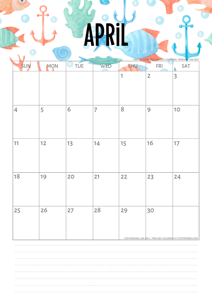 April 2021 Monthly calendar - sea themed #cutefreebiesforyou #freeprintable