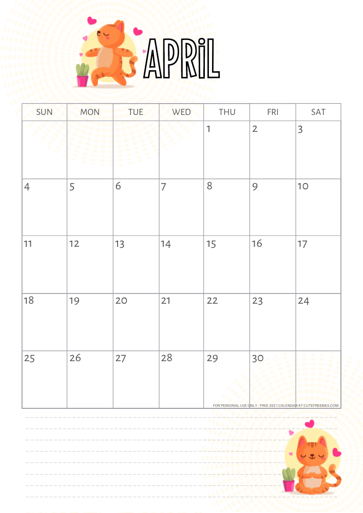 April 2021 calendar yoga cat free printable #cutefreebiesforyou - SEE PREVIOUS POST TO DOWNLOAD THE FREE PDF FILE