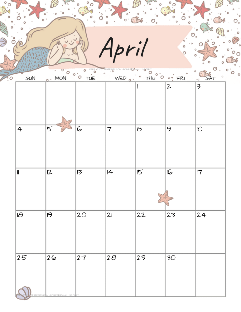April 2021 calendar with cute mermaid #cutefreebiesforyou #mermaid #freeprintable