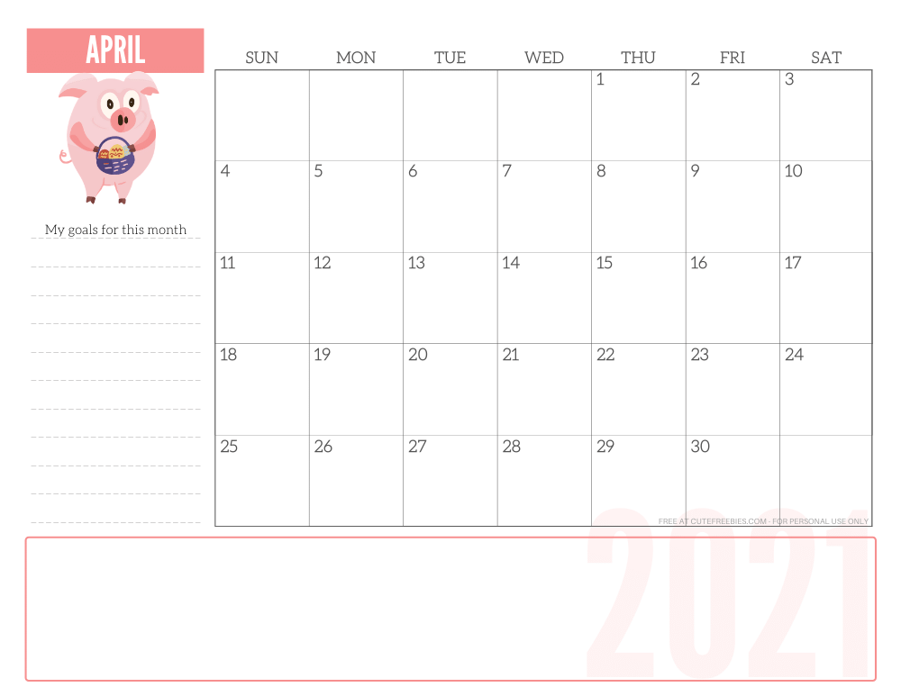APRIL 2021 CUTE monthly planner - free printable 2021 monthly calendar pink pig #printablesandinspirations #freeprintable SEE PREVIOUS POST TO DOWNLOAD THE PDF