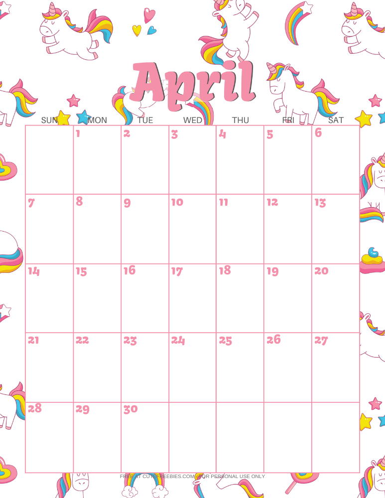 April 2024 calendar with unicorns #unicorn #freeprintable #cutefreebiesforyou