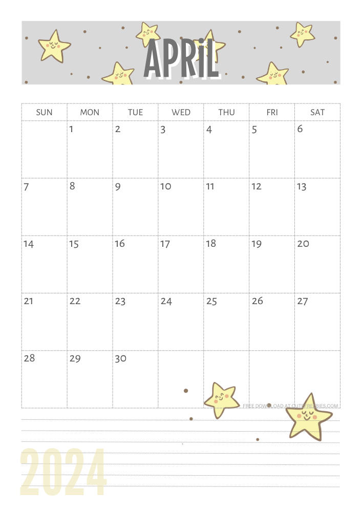 April 2024 Yellow stars calendar free printable - SEE PREVIOUS POST TO DOWNLOAD THE COMPLETE 2024 CALENDAR