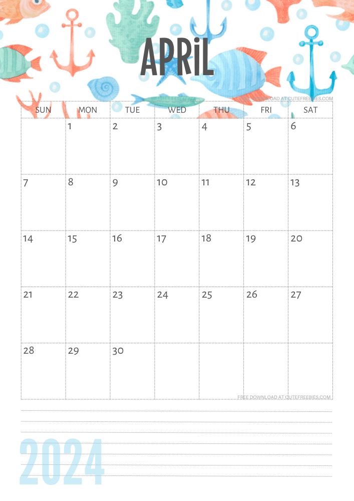 April 2024 Under the Sea themed calendar free printable - SEE PREVIOUS POST TO DOWNLOAD THE COMPLETE 2024 CALENDAR