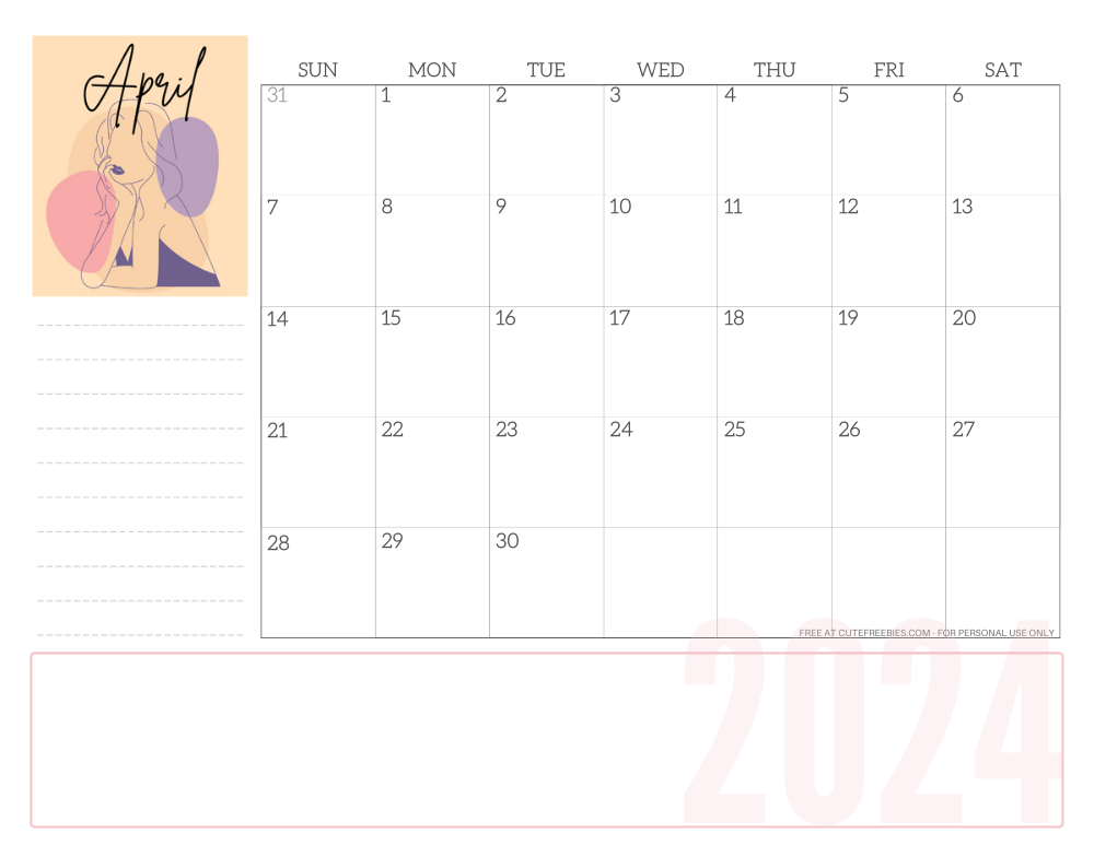 APRIL 2024 line art calendar for women - free printable monthly planner - CLICK PREVIOUS POST TO DOWNLOAD THE COMPLETE 2024 CALENDAR