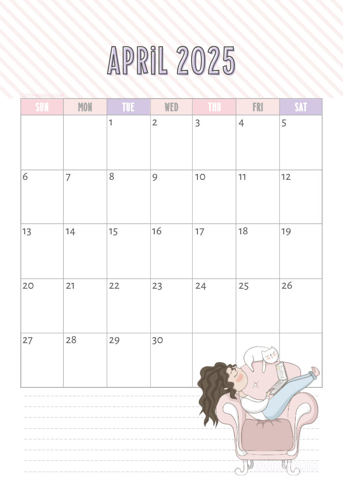 April 2025 cute cat calendar free printable #cutefreebiesforyou - SEE PREVIOUS POST TO DOWNLOAD THE COMPLETE 2025 CALENDAR