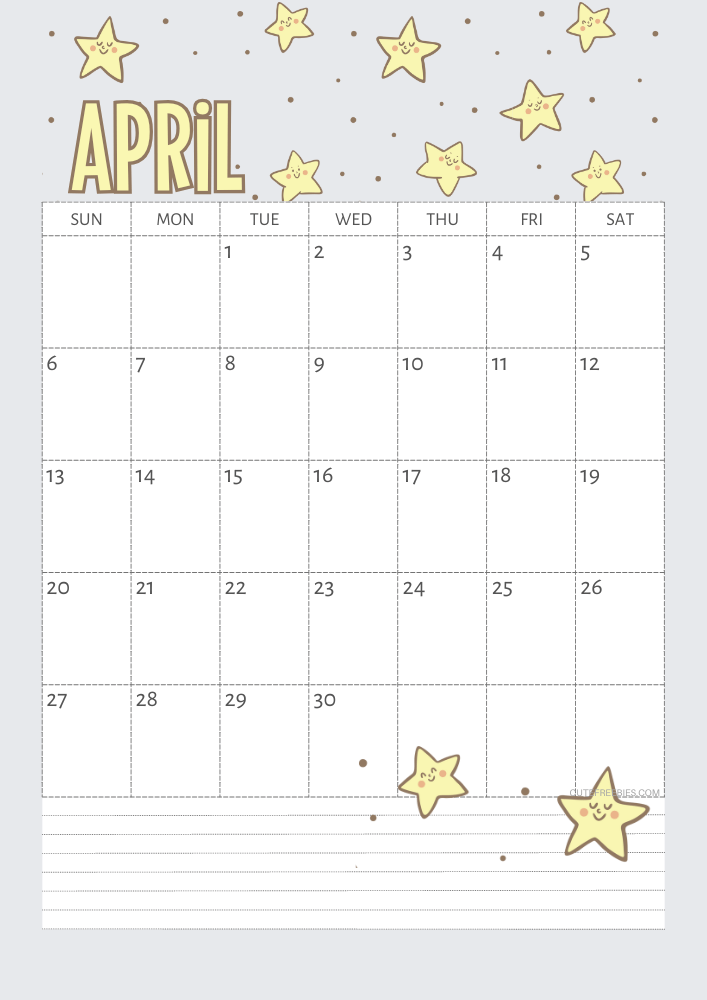 April 2025 Yellow stars calendar free printable - SEE PREVIOUS POST TO DOWNLOAD THE COMPLETE 2025 CALENDAR