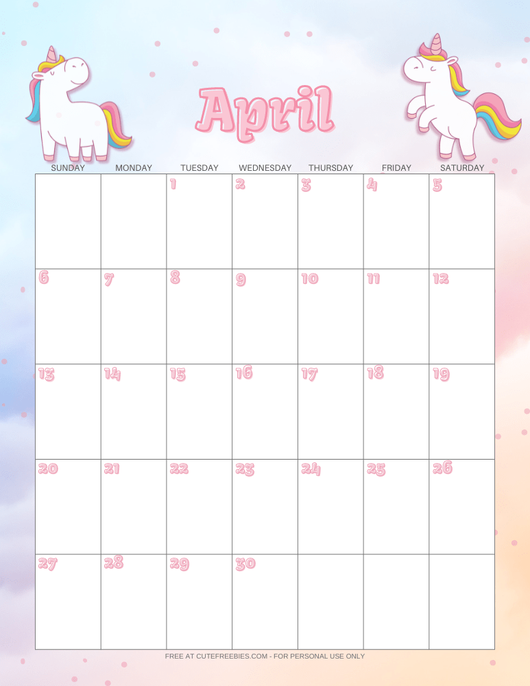 APRIL 2025 calendar with unicorns #unicorn #freeprintable #cutefreebiesforyou #2025