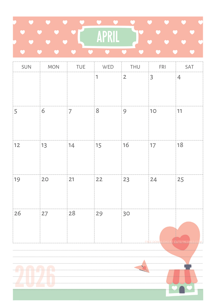 April 2026 Cute calendar free printable - SEE PREVIOUS POST TO DOWNLOAD THE COMPLETE 2026 CALENDAR