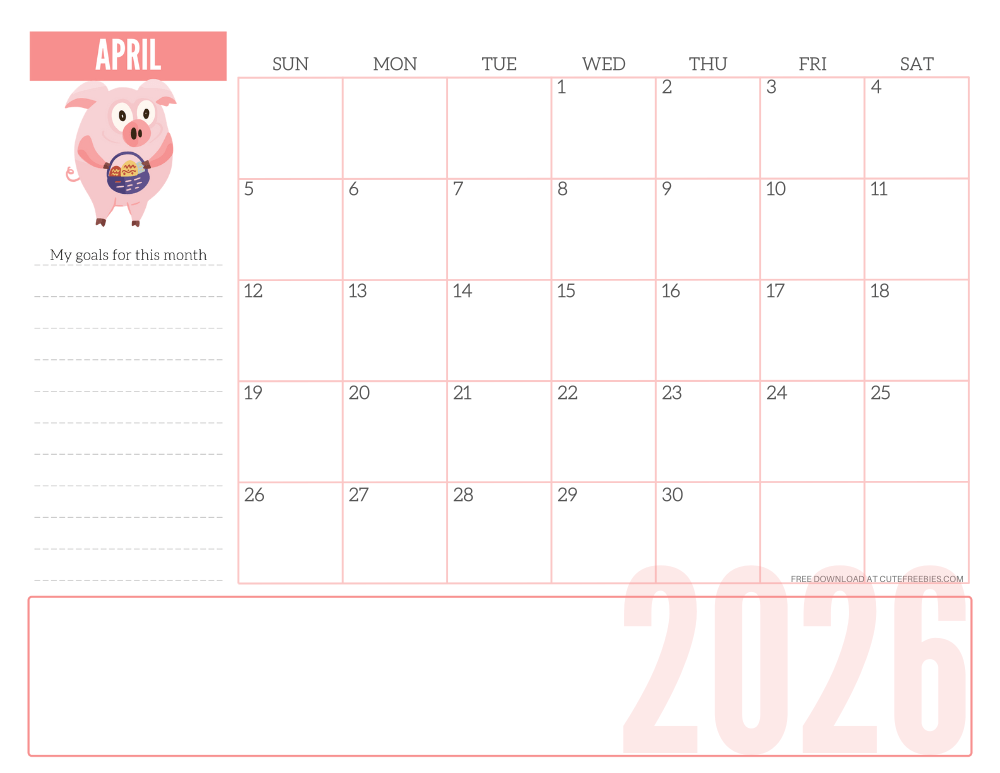 April 2026 CUTE monthly planner - free printable 2026 monthly calendar pink pig #printablesandinspirations #freeprintable SEE PREVIOUS POST TO DOWNLOAD THE COMPLETE 2026 CALENDAR