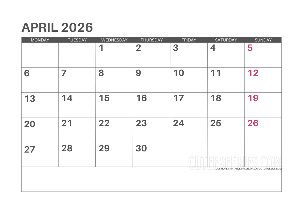 April 2026 Monday calendar free printable monthly planner #cutefreebiesforyou - SEE PREVIOUS POST TO DOWNLOAD THE COMPLETE 2026 CALENDAR PLANNER