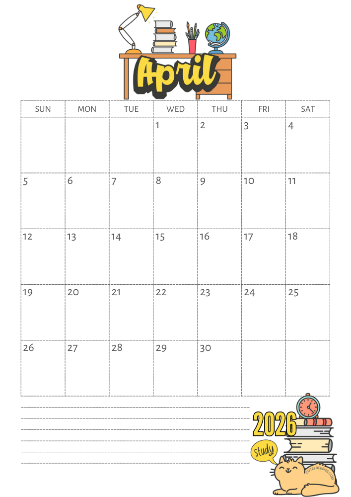 April 2026 calendar, free printable school calendar for 2026 - SEE PREVIOUS POST TO GET THE COMPLETE 2026 MONTHLY CALENDAR PDF
