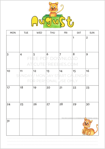 August 2020 cats calendar printable