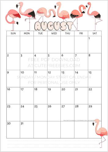August 2020 flamingo calendar