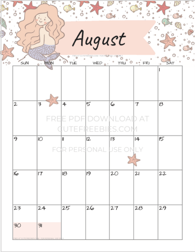 August 2020 mermaid calendar printable