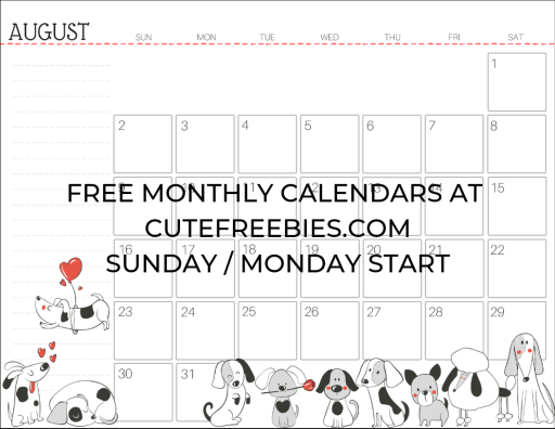 August 2020 Calendar Planner - Free Printable #cutefreebiesforyou #cutedogs #freeprintable