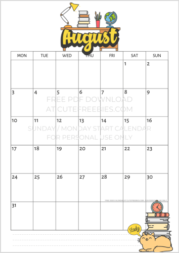 Free printable 2020 calendar, monthly calendar, vertical calendar, 2020 school calendar #cutefreebiesforyou #freeprintable #backtoschool
