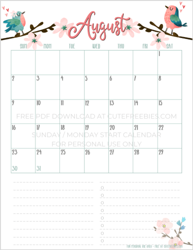 August 2020 floral calendar printable